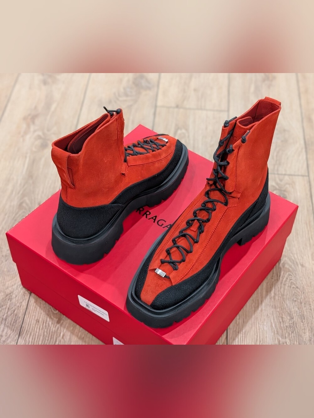 $1450 Mens Salvatore Ferragamo "Atlante" Lace Up Boots Red/Black US 9